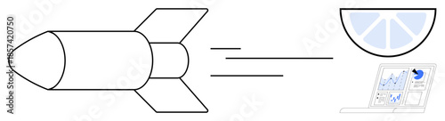 Innovation, technological advancement, strategic planning, aerospace engineering, data-driven decision-making, business growth. Rocket with a data screen showing analytics. Innovation