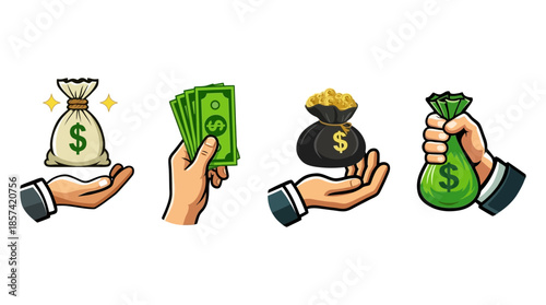A collection of illustrations featuring hands holding cash, money bags, and other financial symbols.