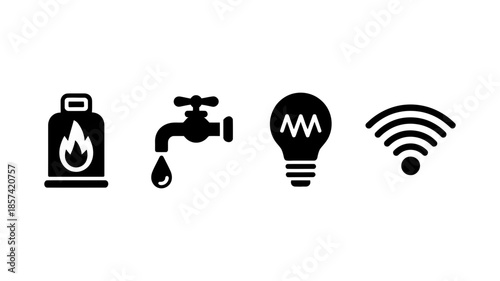 Icons of basic household utilities like water, gas, electricity, and internet connectivity