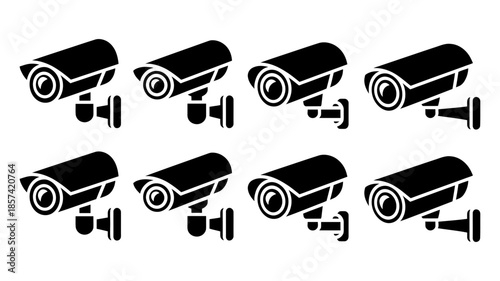 Eight identical black silhouette icons of security cameras arranged in two rows