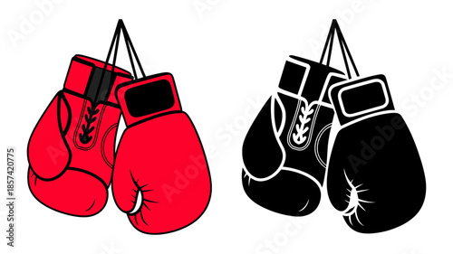 A pair of red boxing gloves and a pair of black boxing gloves hanging side by side illustration
