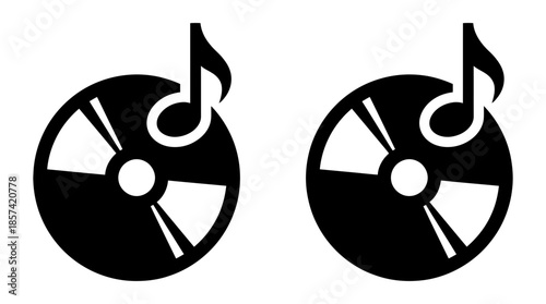 Black and white vector illustration of a compact disc with a musical note symbol