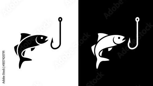 A simple icon design of a fish and a fishing hook in black and white reverse colors