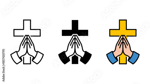 Three styles of praying hands in front of a christian cross icon set illustration