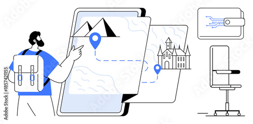 Travel, navigation, planning trips, tourism, digital tools, exploration. Man pointing at a large digital map a navigation pin, mountains and landmarks. Travel and navigation concepts