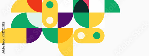 Abstract geometric shapes overlap, creating colorful composition. Circles, arcs, rectangles form dynamic visual pattern. Bright hues dominate.