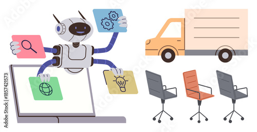 Robot managing tasks with digital icons on laptop, alongside delivery truck and office chairs. Ideal for technology, innovation, efficiency, automation, logistics, workspaces teamwork. Simple flat
