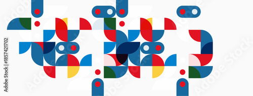 Abstract colorful shapes form repeating pattern. Geometric design uses red, blue, green, yellow hues. Clean aesthetic, modern style.