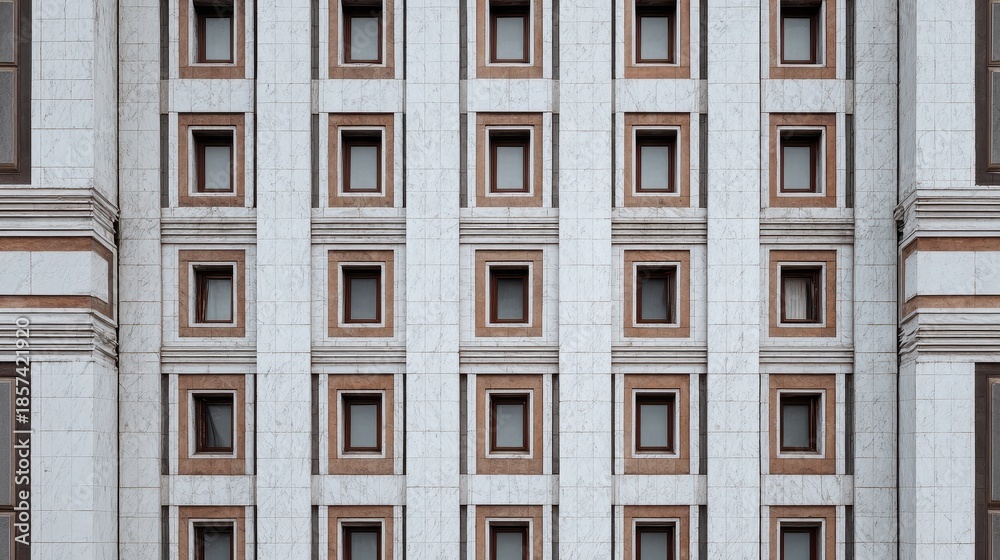 Obraz premium Ornate and symmetric facade of a building with repeating square windows