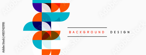 Abstract geometric shapes form vibrant pattern. Orange, blue, purple hues dominate white background. Text reads background design.