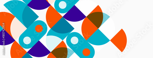 Abstract geometric shapes overlap. Circles, semicircles create colorful pattern. Modern design, flat illustration, vibrant hues present.