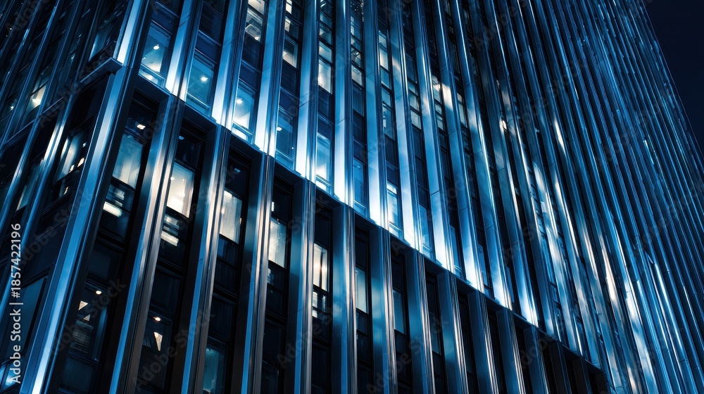 Obraz premium Modern blue building facade with illuminated windows and vertical metal beams.