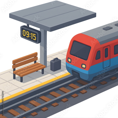 A vibrant, modern train arriving at a station platform with a clock showing 0915 and a lone suitcase