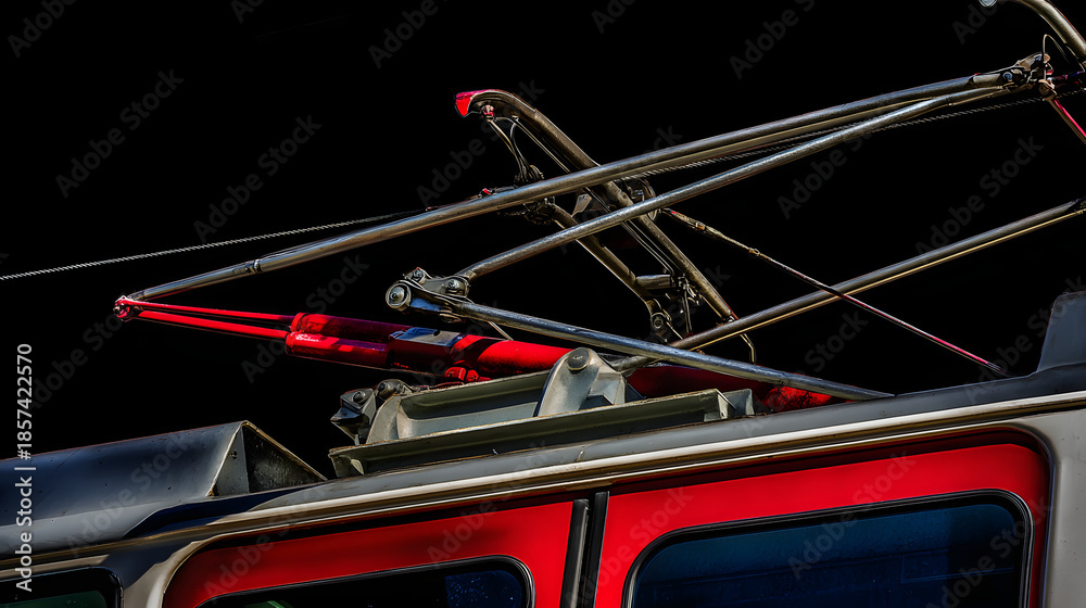 Naklejka premium tolerable. Diamond-shaped tram pantograph contacting overhead wires at a platform, industrial detail. mobility guides, transit brochures, designed for mobility and urban transit guides.