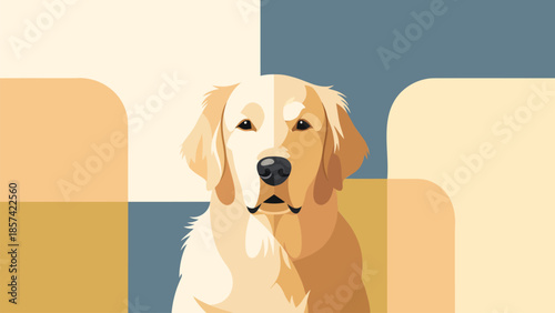 A golden retriever sits comfortably indoors in a modern home environment from a front viewpoint