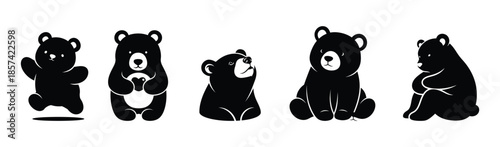 Collection of black bear silhouettes in various poses on a white background