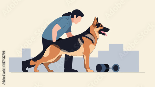 Woman Training German Shepherd Dog with Dumbbells in Urban Backyard