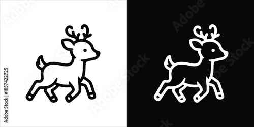Simple line drawings of a running deer on contrasting white and black backgrounds