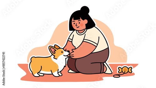 Woman kneeling on the floor interacting with a corgi dog in a relaxed home environment from a high viewpoint