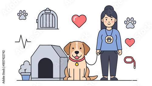 Woman walking dog near pet house with various pet care symbols surrounding them in a friendly illustration
