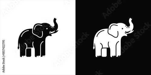 Dual-toned minimalist illustration of an elephant against contrasting white and black backgrounds