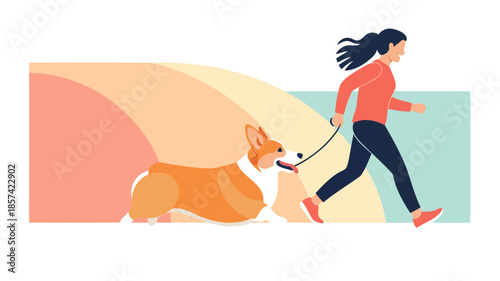 Woman Running with Dog in a Vibrant Outdoor Setting Illustration
