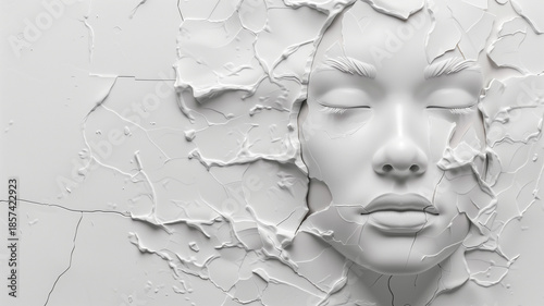 Rostro de mujer entre pintura blanca con textura y piel cuarteada