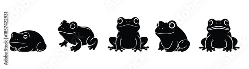 A series of five black silhouetted frogs sitting in a row on a white background