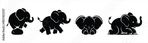 Collection of elephant silhouettes in various poses on a white background