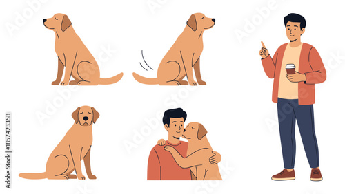 Man Interacting with Dog in Casual Setting Illustrations
