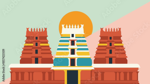 Exquisite South Indian Temple Architecture with a Vibrant Sun in the Background