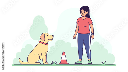 Woman training her dog in an outdoor setting with a traffic cone