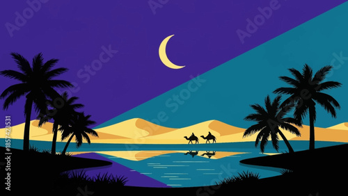 Serene desert oasis with palm trees and camels under a crescent moon at twilight