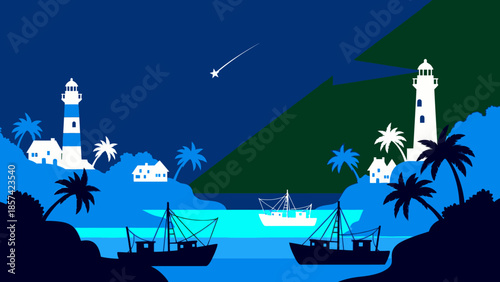 Serene coastal landscape with lighthouses, boats, and palm trees under a starry night sky