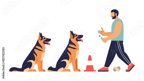 Man training two German Shepherd dogs in an agility course outdoors with cones and treats