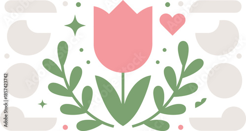 A beautiful symmetrical illustration of a pink tulip, green leaves, and a sweet heart