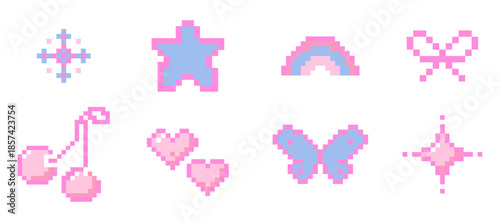 Cute pixel elements set pink girly stars, bows, heart. Cherry, rainbow and butterfly y2k retro game 8 bit icons. Pixel collection.