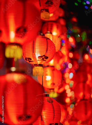 Red lantern decorated during lunar new year celebration on street in chinatown.
