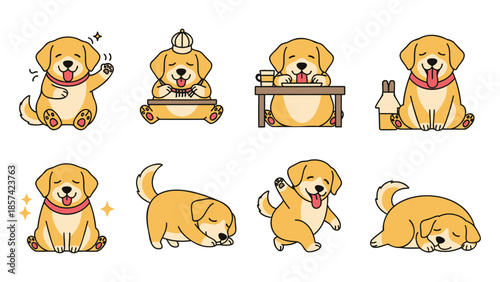 A playful golden retriever engaging in various lifestyle activities showcasing pet care and joyful moments in a vibrant home environment from a child's viewpoint