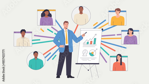 A businessman gives a virtual presentation to diverse colleagues on a whiteboard with colorful lines