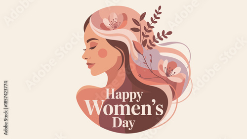 A beautiful womans profile with flowing floral hair celebrates Happy Womens Day