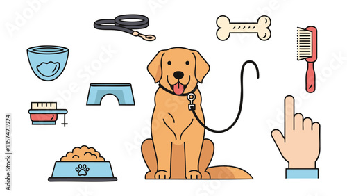 A happy dog sits surrounded by pet care items in a clean environment from a straightforward viewpoint.