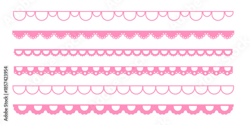 Scalloped edge pink lace set border, cute textile frill stripe. scalloped border, frame, pattern isolated. Zigzag edge border, cutout decoration line frame collection