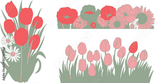A charming collection of simplified floral arrangements featuring tulips, daisies, and poppies in various colors