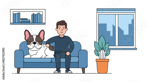 Man grooming dog on couch in a modern living room with a city view