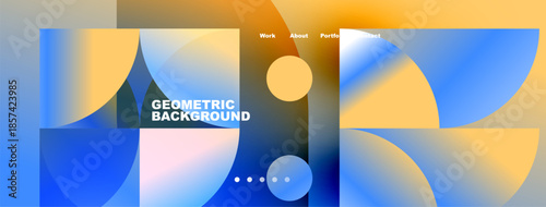 Abstract geometric background features vibrant blue, yellow hues. Text includes work, about, portfolio, contact. Dots indicate navigation.