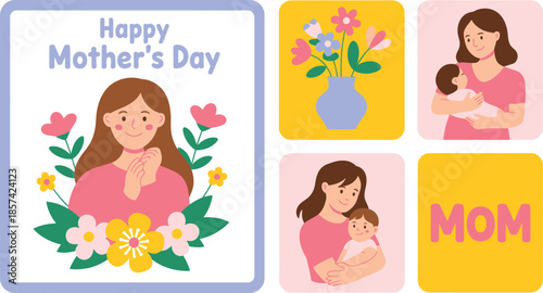 A cheerful collection of illustrations celebrating mothers with blooming flowers and loving family moments