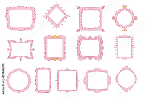 Princess frame mirror set line fairy. Whimsical cute doodle mirrors with crown for baby princess. Collection elegant pastel decor.