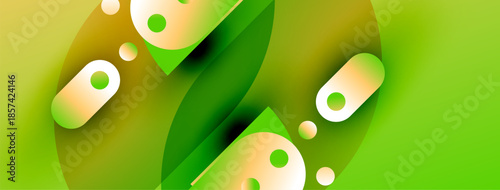 Abstract design features vibrant green, yellow shapes. Fluid forms create dynamic composition, suggesting movement, energy. Modern aesthetic.