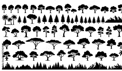 Minimal tree silhouette vector set with diverse forest tropical and desert trees for nature design